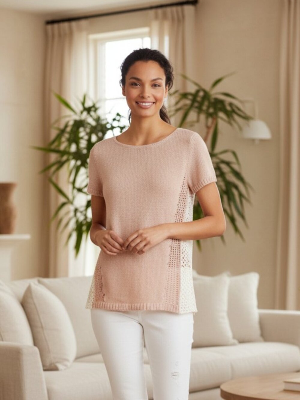 Anthropologie Moth Madeira Blush Pink White Eyelet Lace Pullover Top Size XS